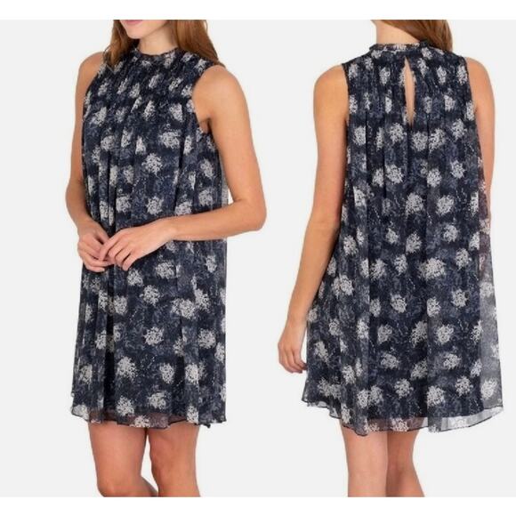 Joie Women’s M Baltic Navy Blue Print Smocked Lined Mini Dress Designer - Picture 1 of 6